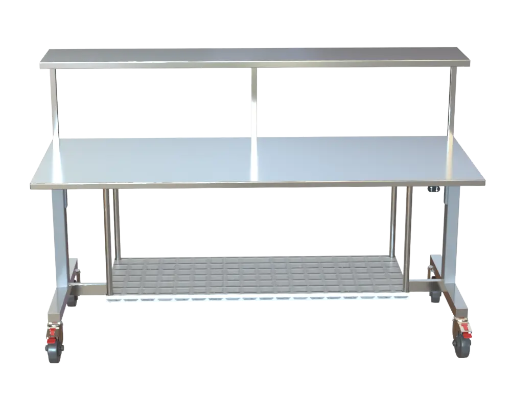 Height Adjustable Table – Stainless Steel – Electric – Solid & Wire Shelves