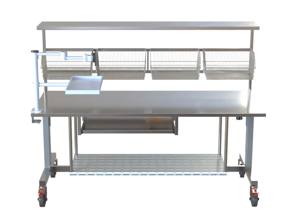 Height Adjustable Table – Stainless Steel – Electric – Dual Shelf with Basket Storage