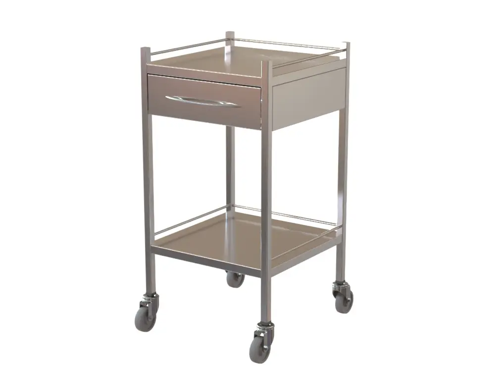 Dressing Trolley – 316 Stainless Steel – Compact – 1 Drawer with Dual Shelves & Rails