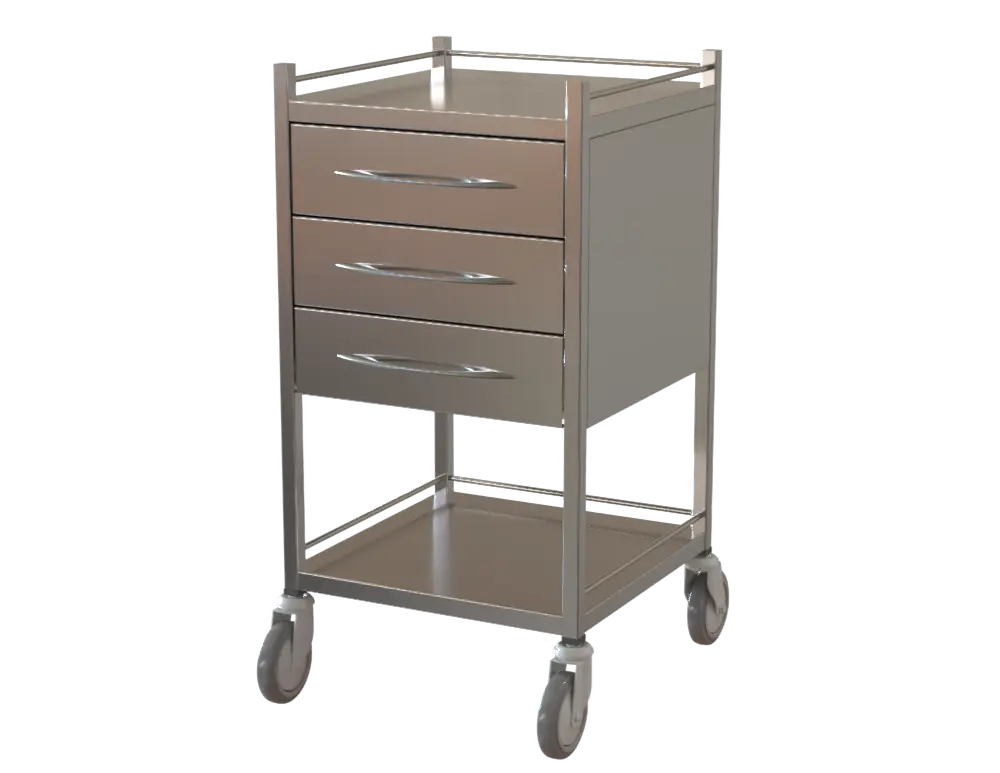 Dressing Trolley – 316 Stainless Steel – Compact – 3 Drawer with Dual Railed Shelves