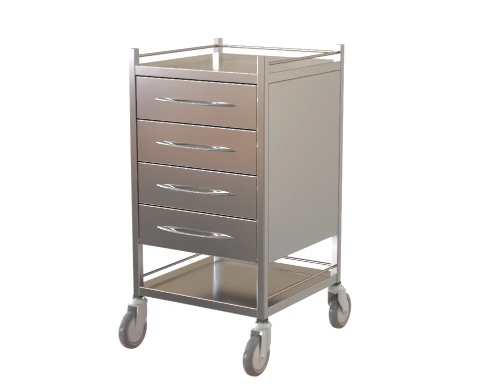 Dressing Trolley – Stainless Steel – Mobile – 4 Drawer with Flat & Bottom Shelf