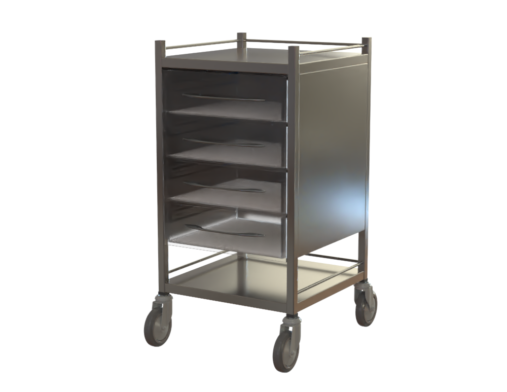 Drawer Trolley – Stainless Steel – Perspex Front – 4 Drawers with Side/Back Panels